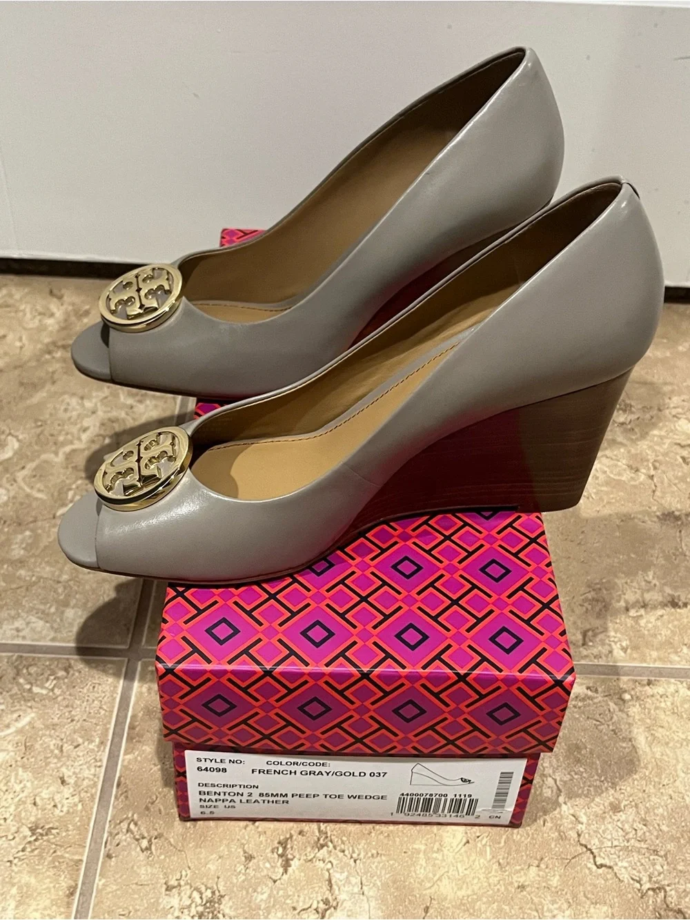 Tory Burch Gray Peep-Toe Wedges with Gold Logo